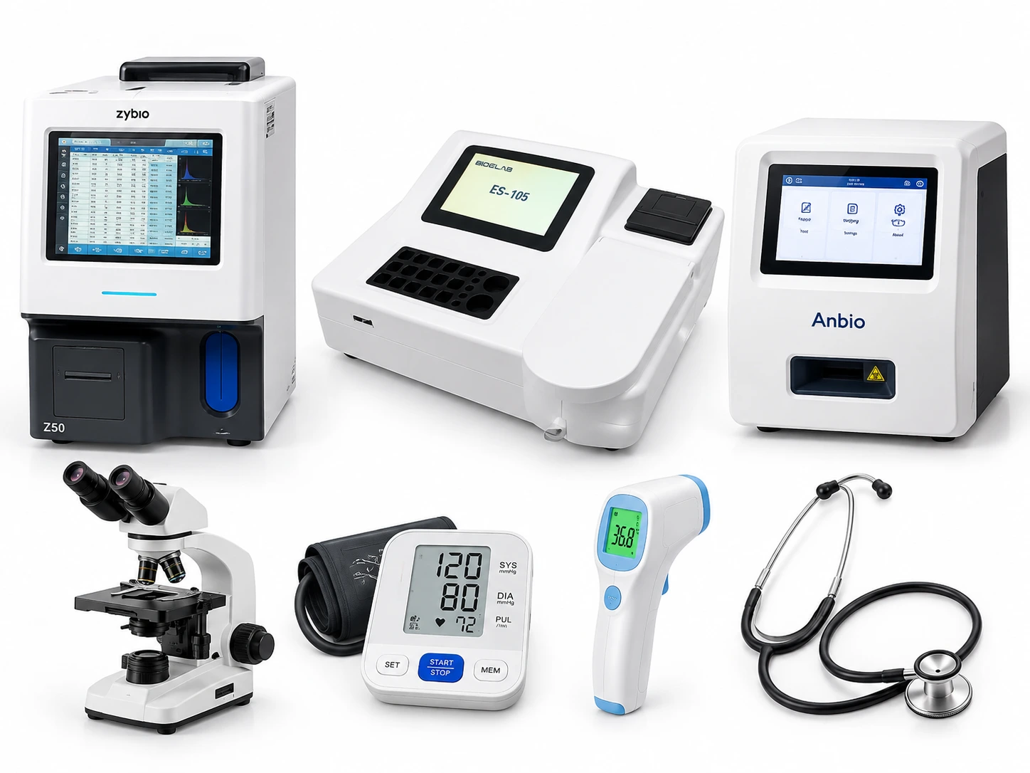 Diagnostic medical equipment including CBC analyzer, microscope, and ultrasound machine