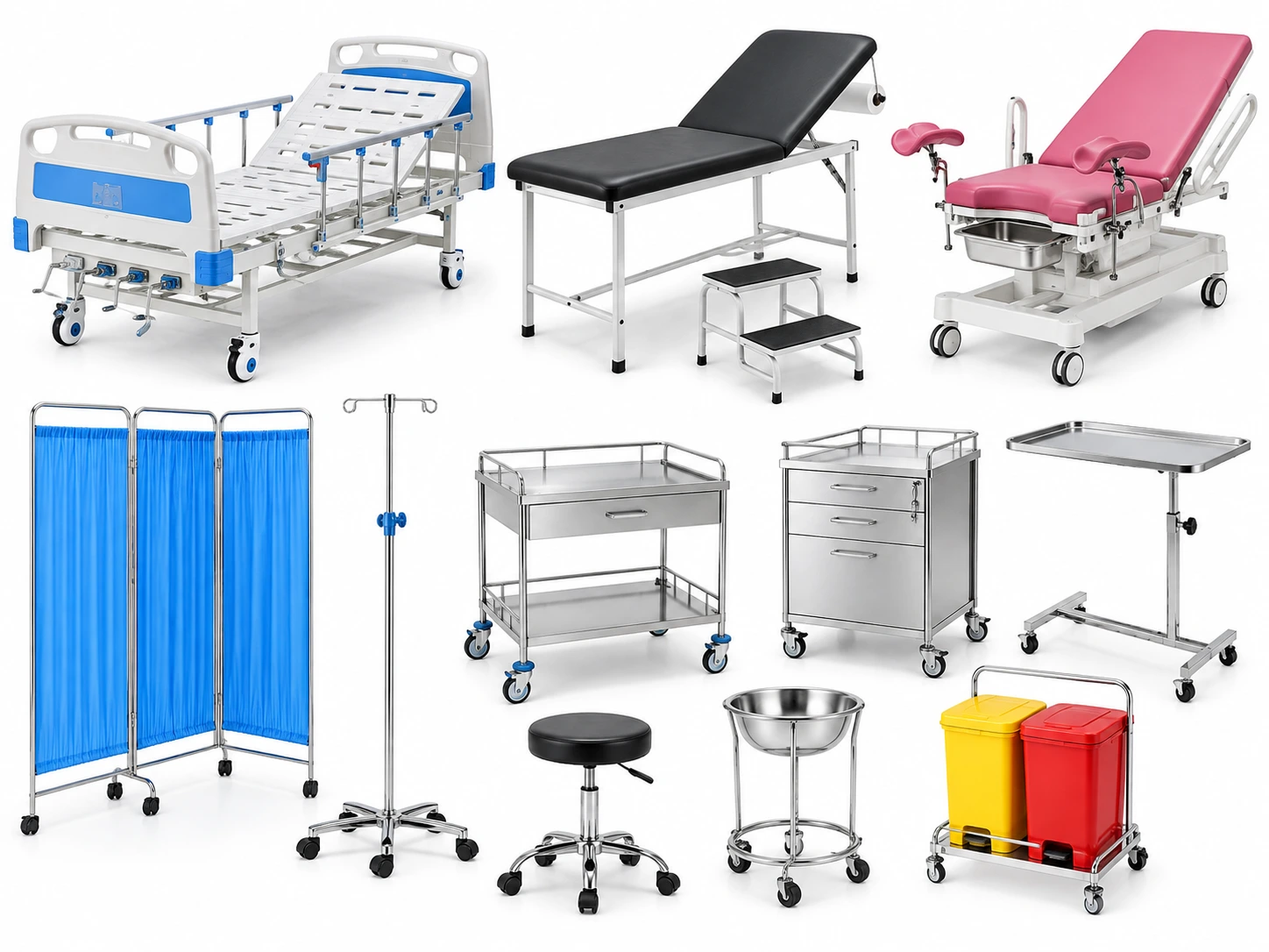 Hospital furniture: examination beds, delivery beds, ward screens, IV stands