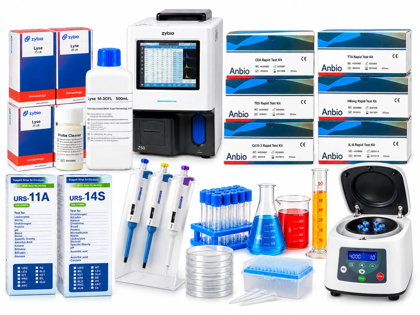 Laboratory supplies: reagent strips, pipettors, centrifuges, test tubes