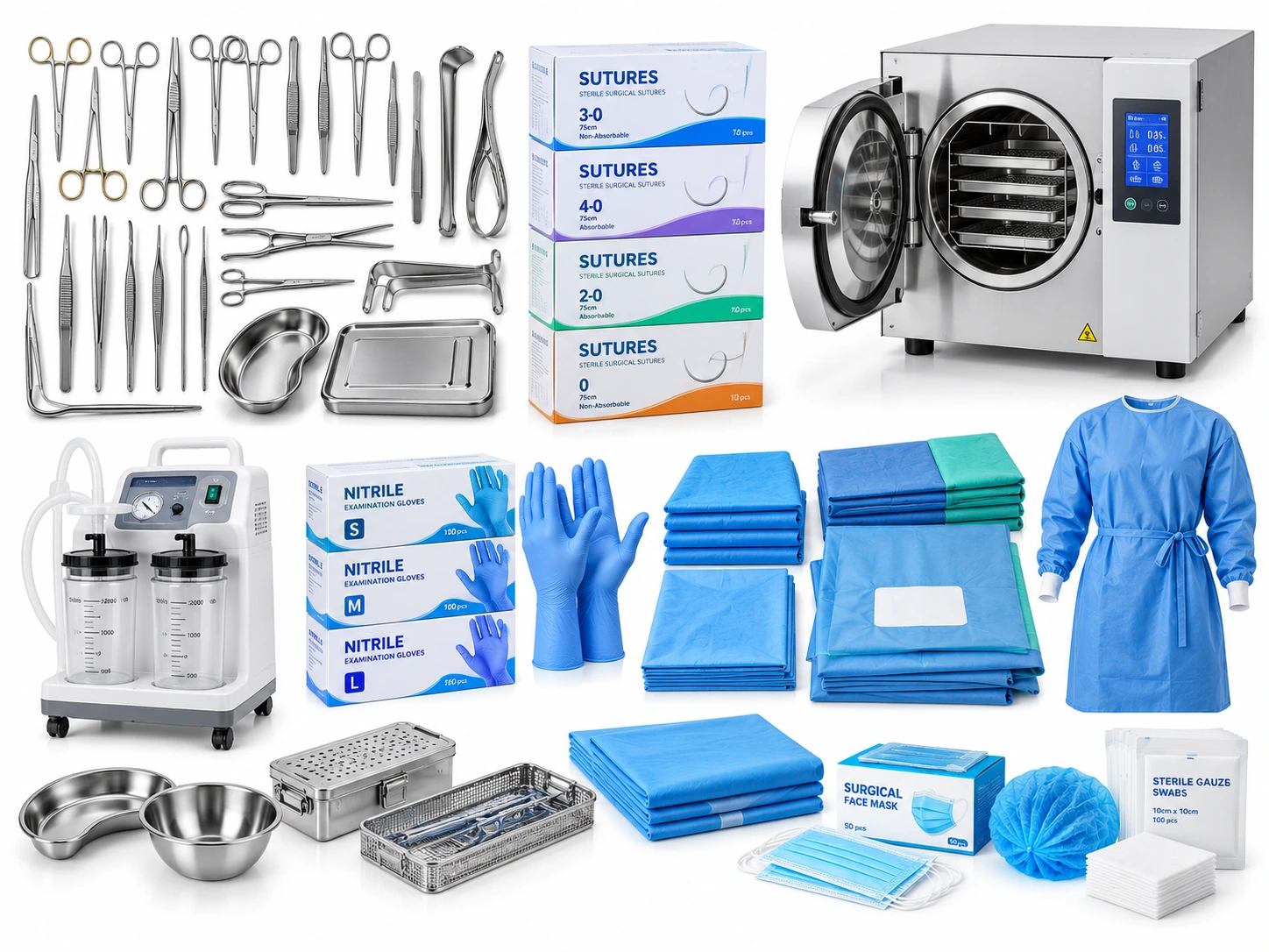 Surgical supplies: instruments, sutures, sterilization equipment